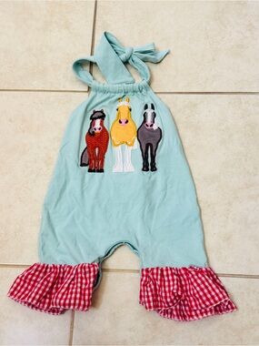 Boutique Light Aqua Halter Romper with Horse Applique and Red Gingham Ruffles